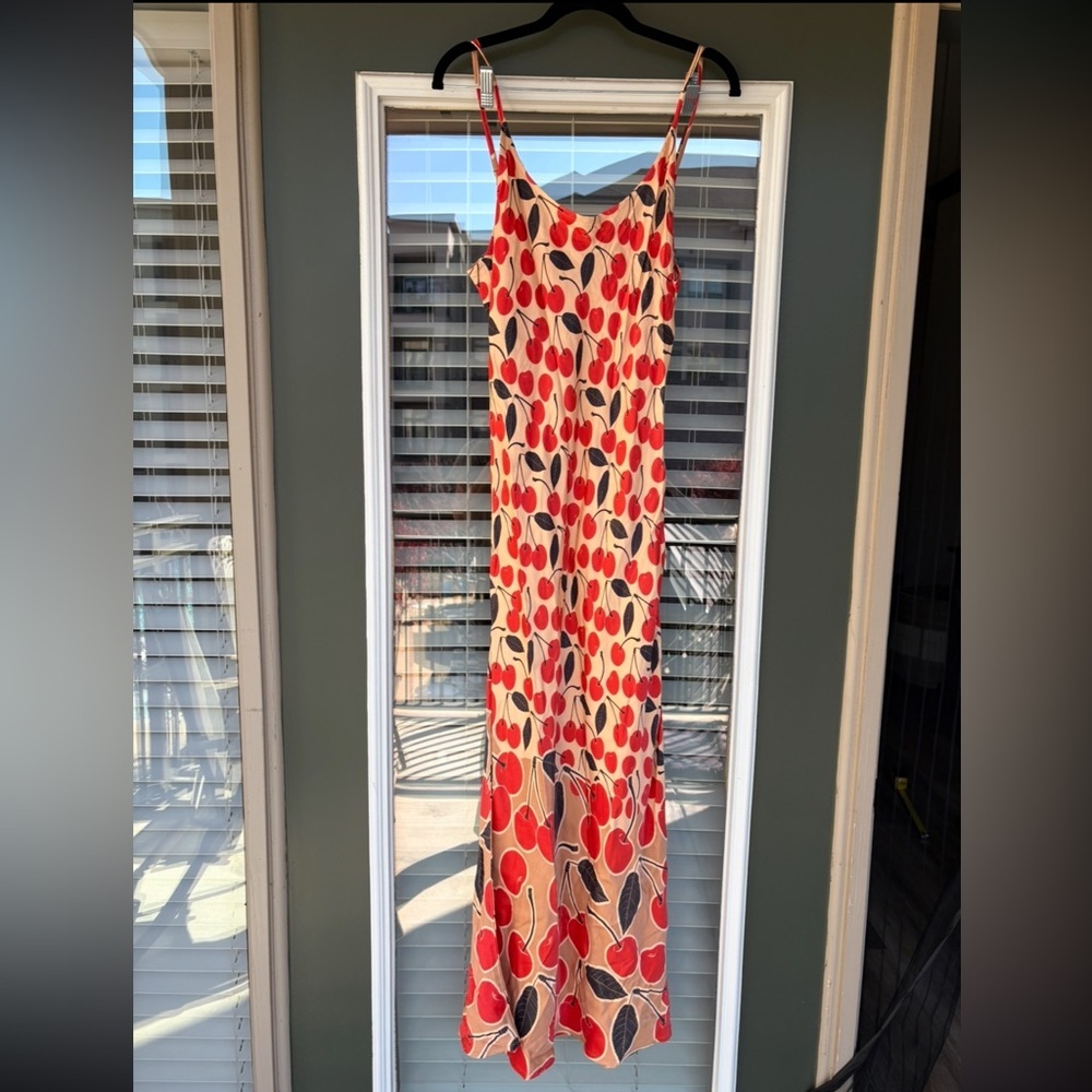 Anthropologie Conditions apply cherry satin silky print maxi dress medium/ large - Picture 5 of 10